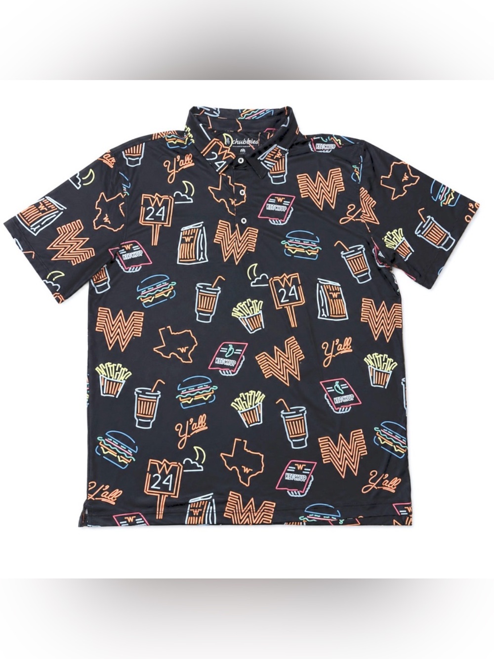 NWT CHUBBIES BLACK NEON GRAPHIC WHATABURGER LOGO PERFORMANCE POLO SHIRT SZ S